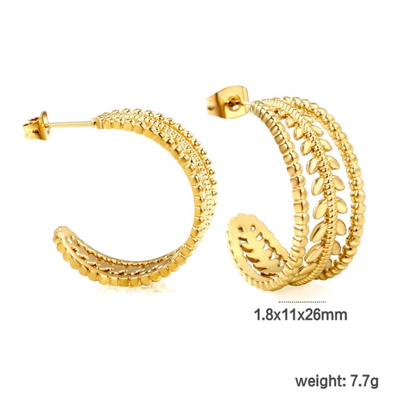 18K Gold Plated Stainless Steel Leaf Hoop Earrings - Picture 6 of 7